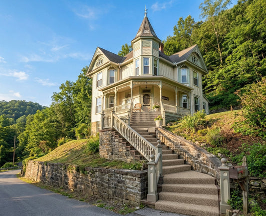 Victorian-style house with a staircase on a hillside with trees and blue sky.