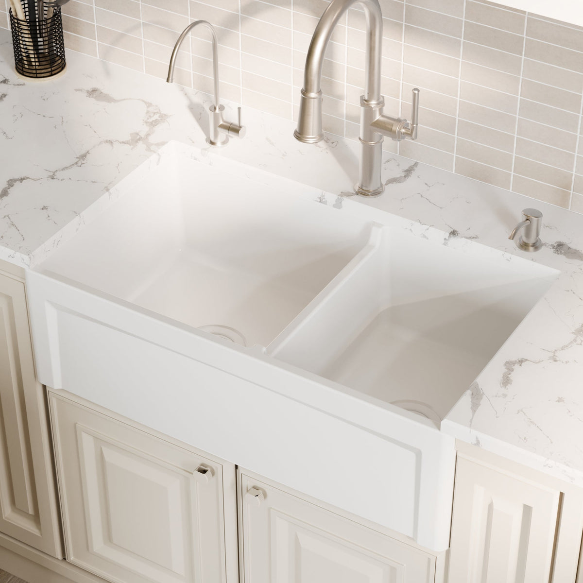 White Double Bowl Farmhouse Sink 33"