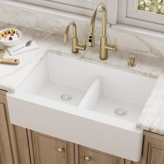 White Double Equal Bowl Farmhouse Sink 34"