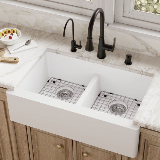 White Double Equal Bowl Farmhouse Sink 34"