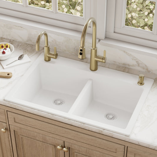 White Double Equal Bowl Top Mount Sink 33"