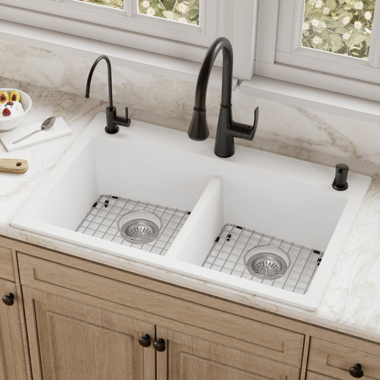White Double Equal Bowl Top Mount Sink 33"