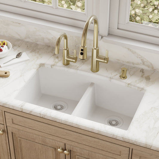 White Double Equal Bowl Undermount Sink 32-1/2"