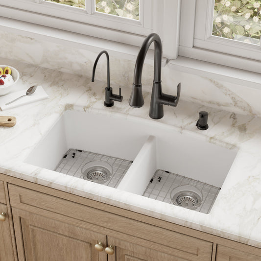 White Double Equal Bowl Undermount Sink 32-1/2"