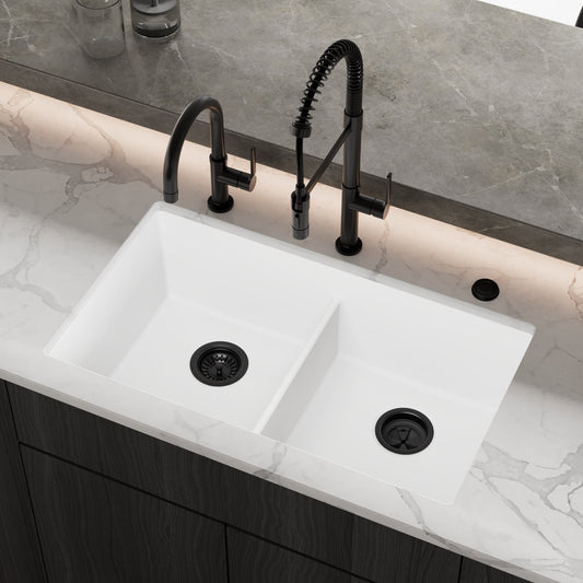 White Double Equal Bowl Undermount Sink 32-3/8"