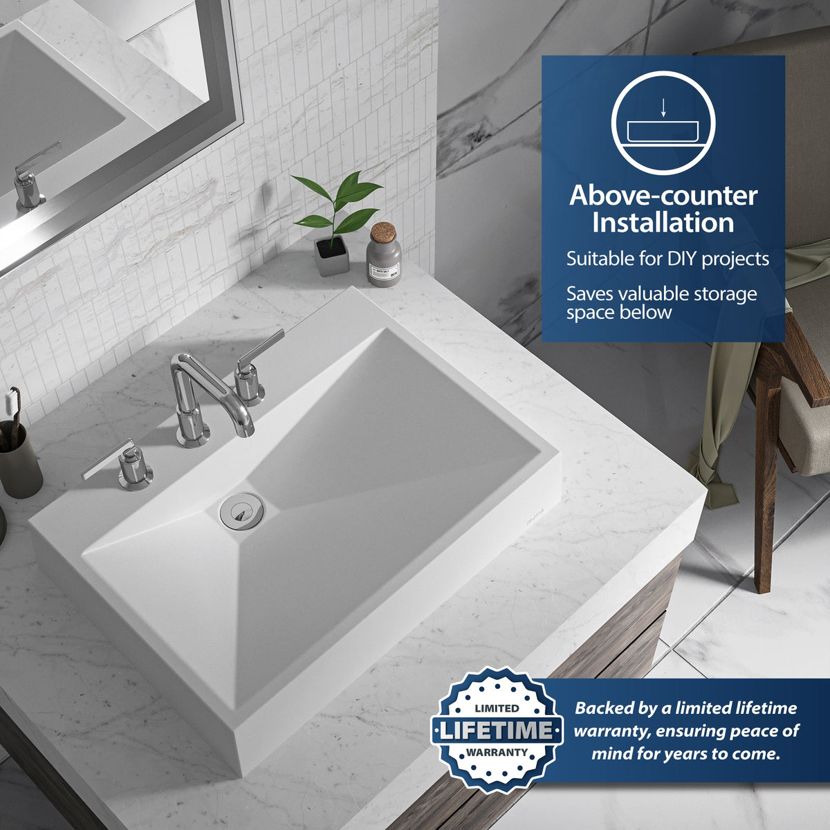 White Envy Quartz Vessel Vanity Sink 24-1/4"