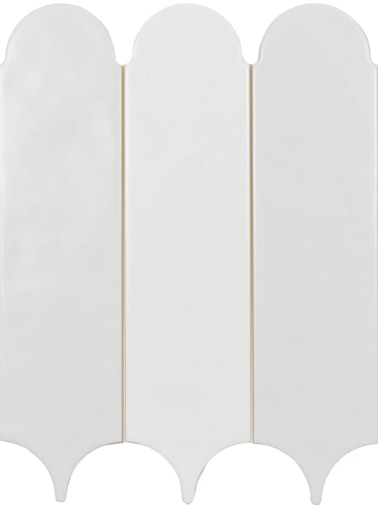 A white folding screen or screen panel with a scalloped, shield-like top and bottom edge, shown against a plain white background.
