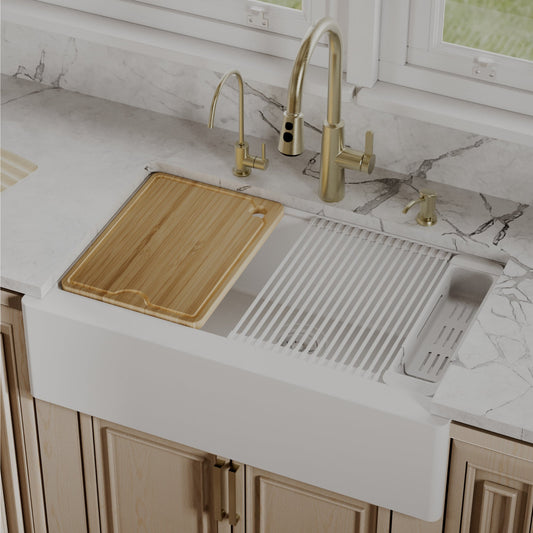 White Large Single Bowl Farmhouse Workstation Sink 34"