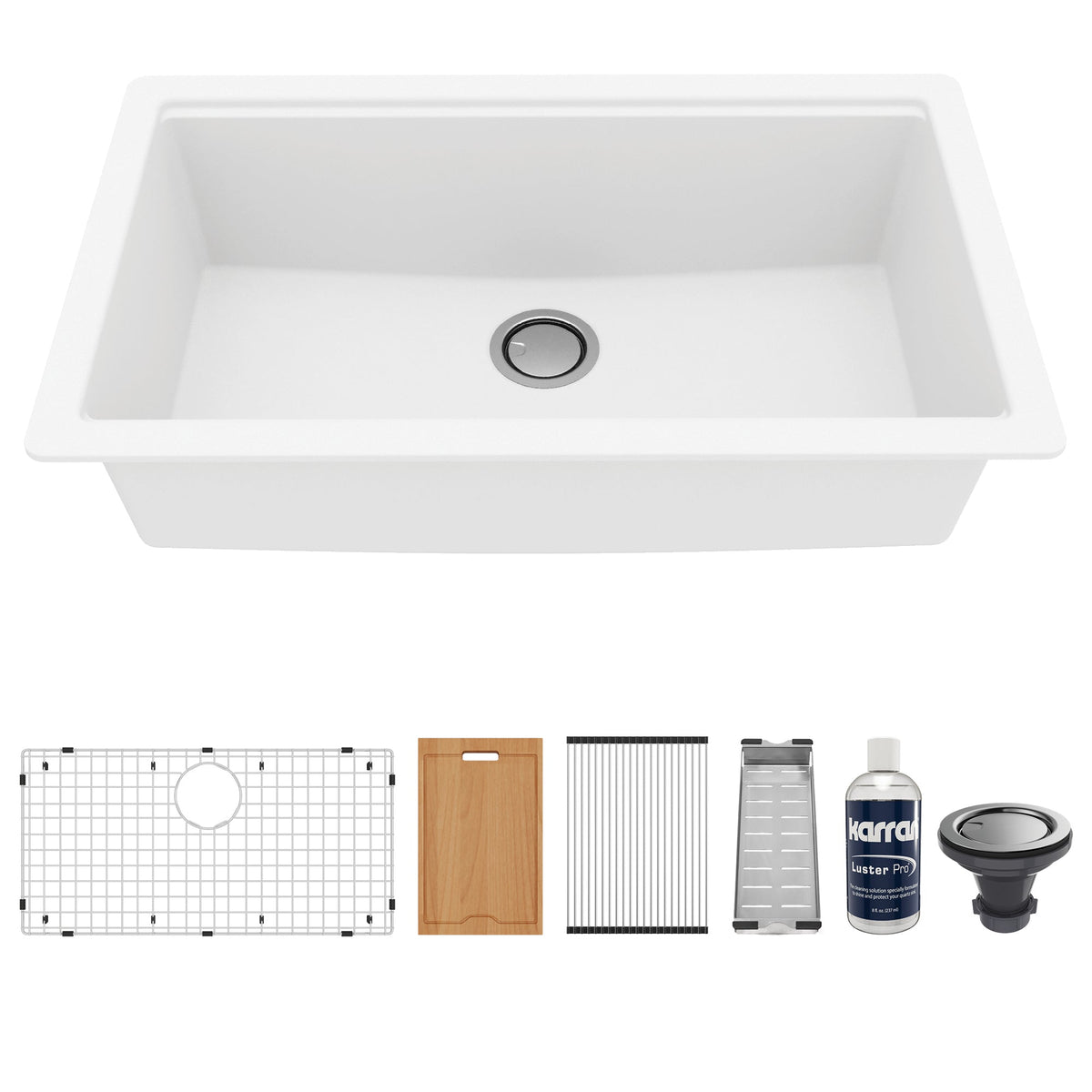 White Large Single Bowl Undermount Workstation Sink 32-3/8"