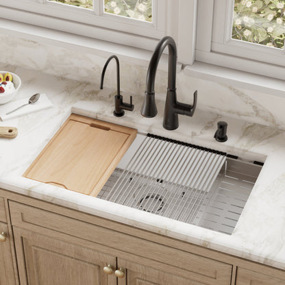 White Large Single Bowl Undermount Workstation Sink 32-3/8"
