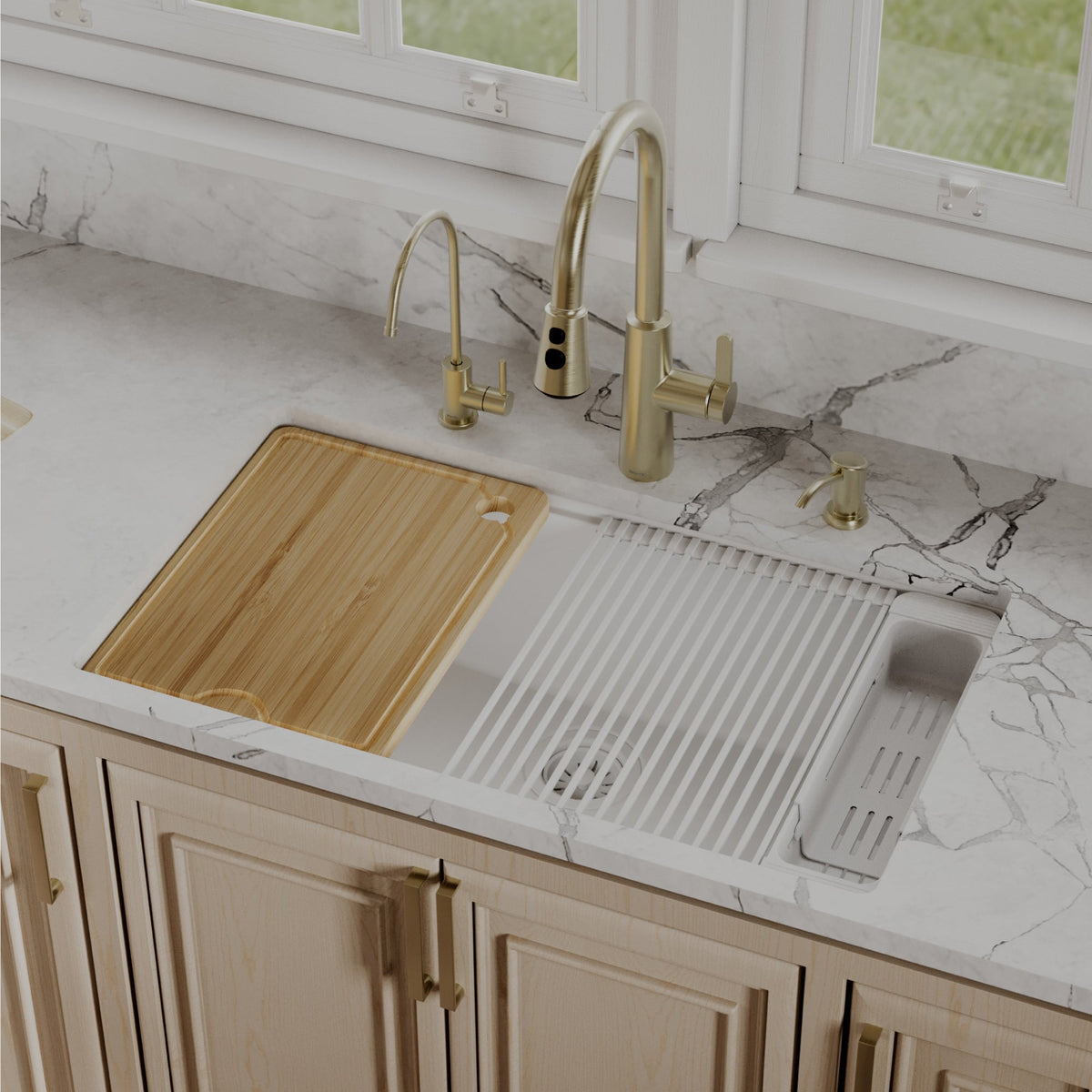 White Large Single Bowl Undermount Workstation Sink 32-3/8"