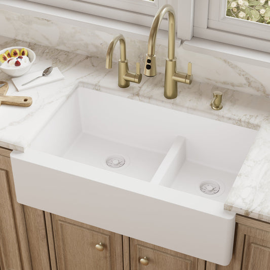 White Large/Small Bowl Farmhouse Sink 34"