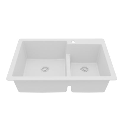 White Large/Small Bowl Top Mount Sink 33"