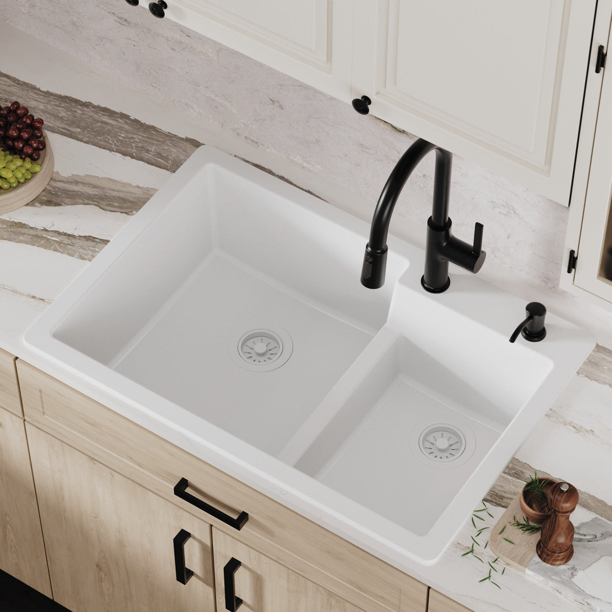 White Large/Small Bowl Top Mount Sink 33"