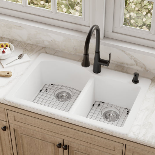 White Large/Small Bowl Top Mount Sink 33"