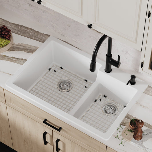 White Large/Small Bowl Top Mount Sink 33"
