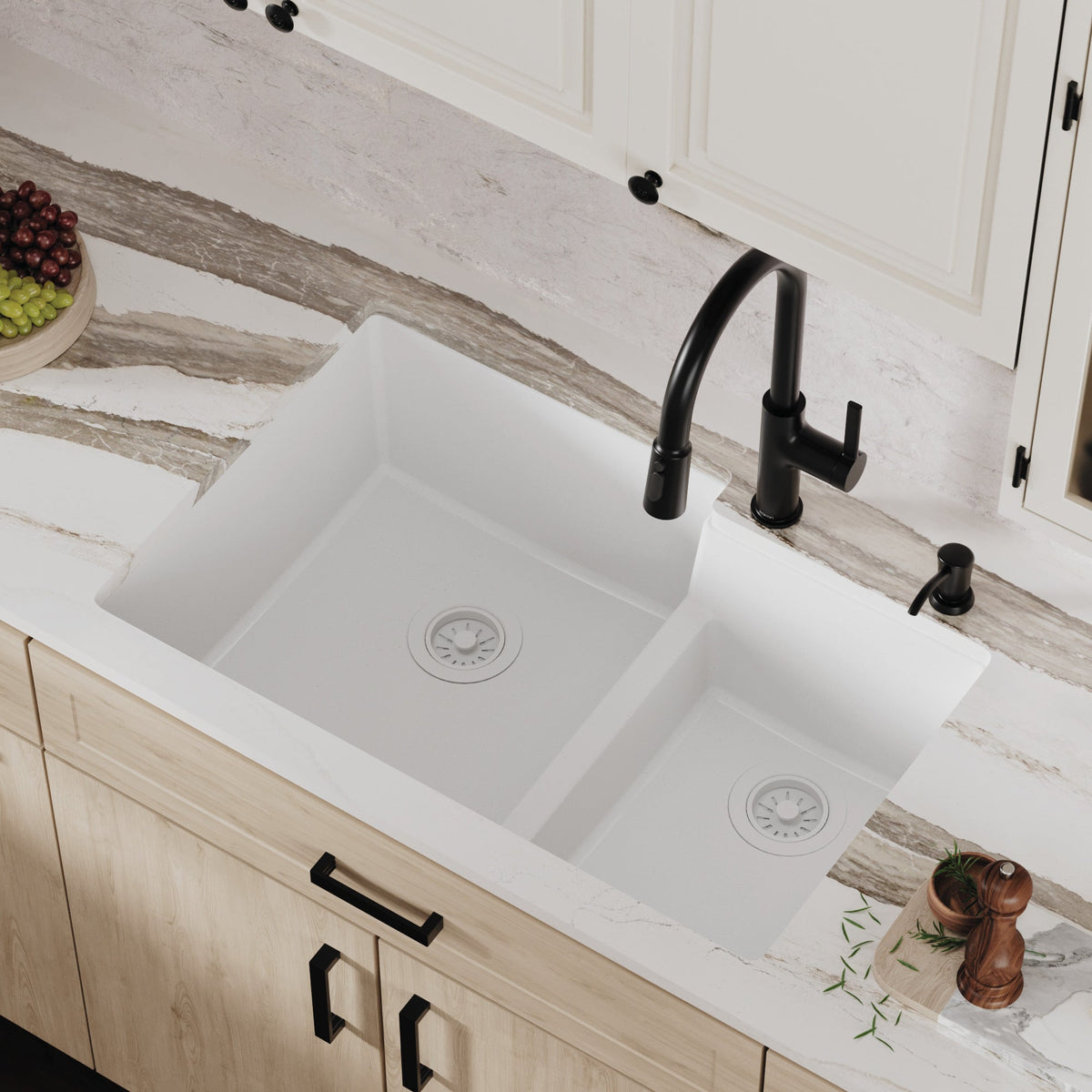 White Large/Small Bowl Undermount Sink 32-3/8"