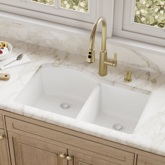 White Large/Small Bowl Undermount Sink 32"