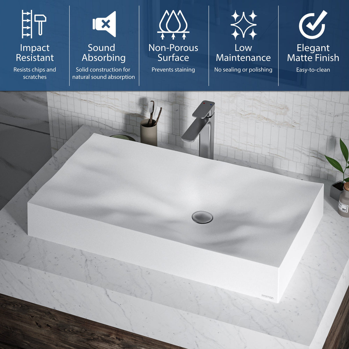 White Mirage Quartz Vessel Vanity Sink 32-1/8"