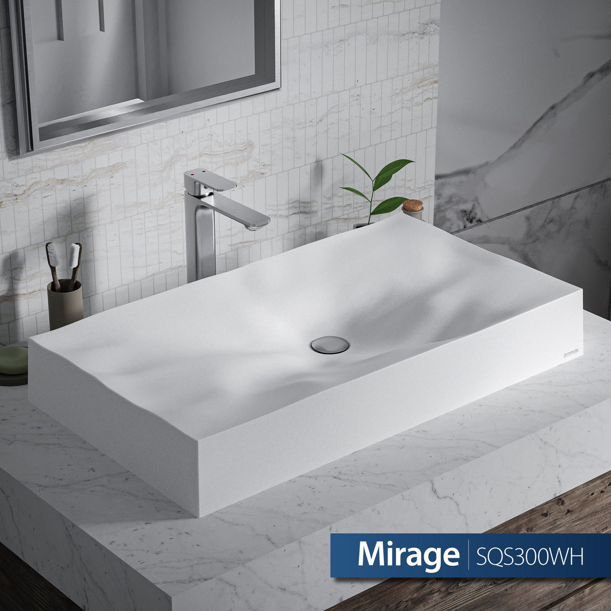 White Mirage Quartz Vessel Vanity Sink 32-1/8"