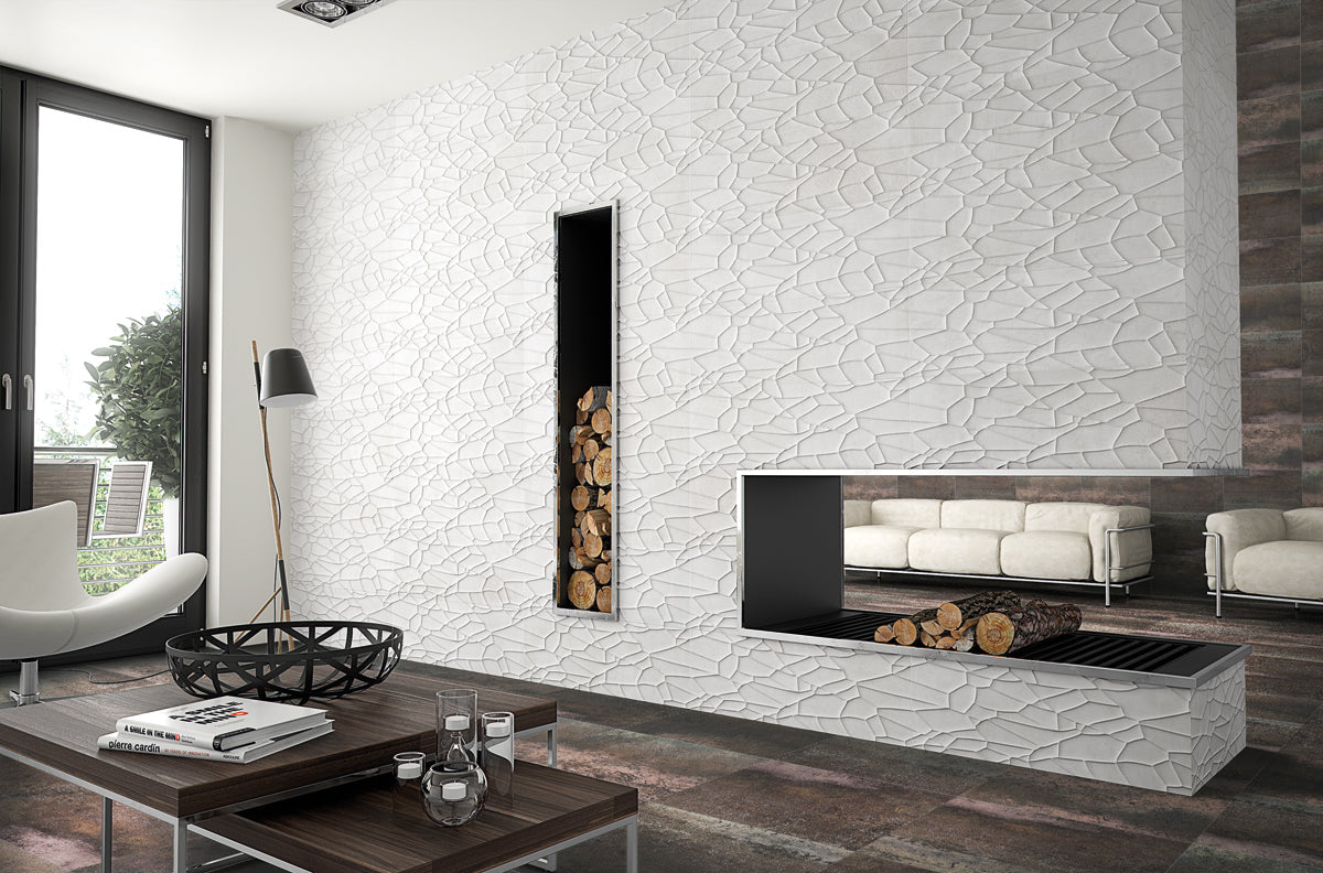 Modern living room with a stone-patterned wall and fireplace.