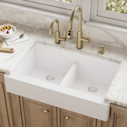 White Retrofit Double Equal Bowl Farmhouse Sink 34"