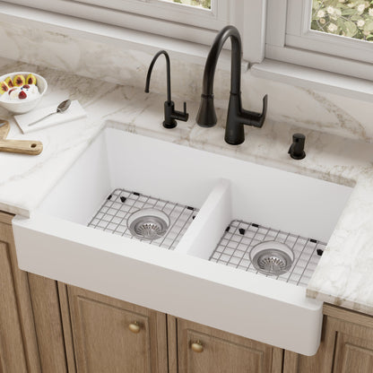 White Retrofit Double Equal Bowl Farmhouse Sink 34"