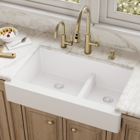 White Retrofit Large/Small Bowl Farmhouse Sink 34"