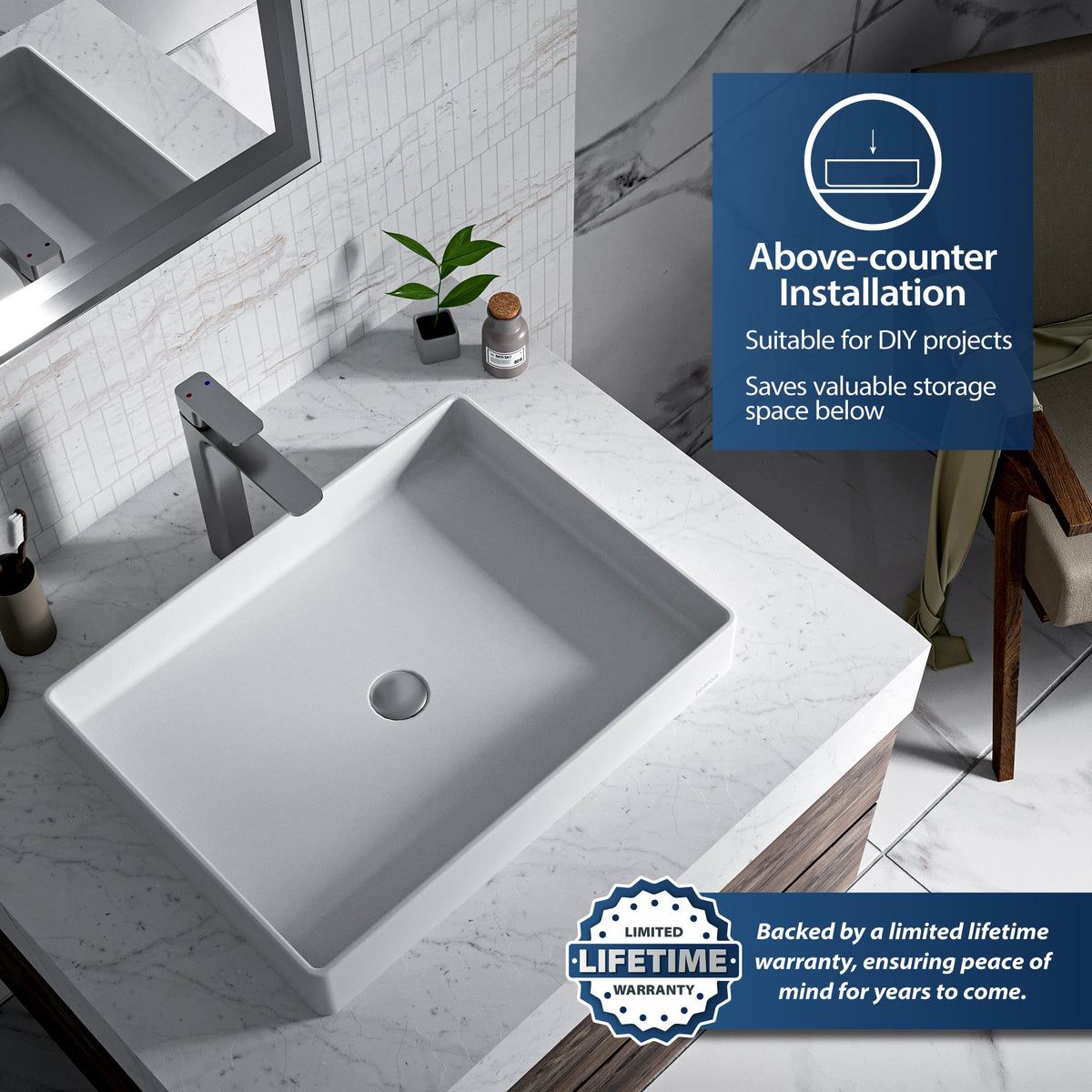 White Spark Quartz Vessel Vanity Sink 23-5/8"