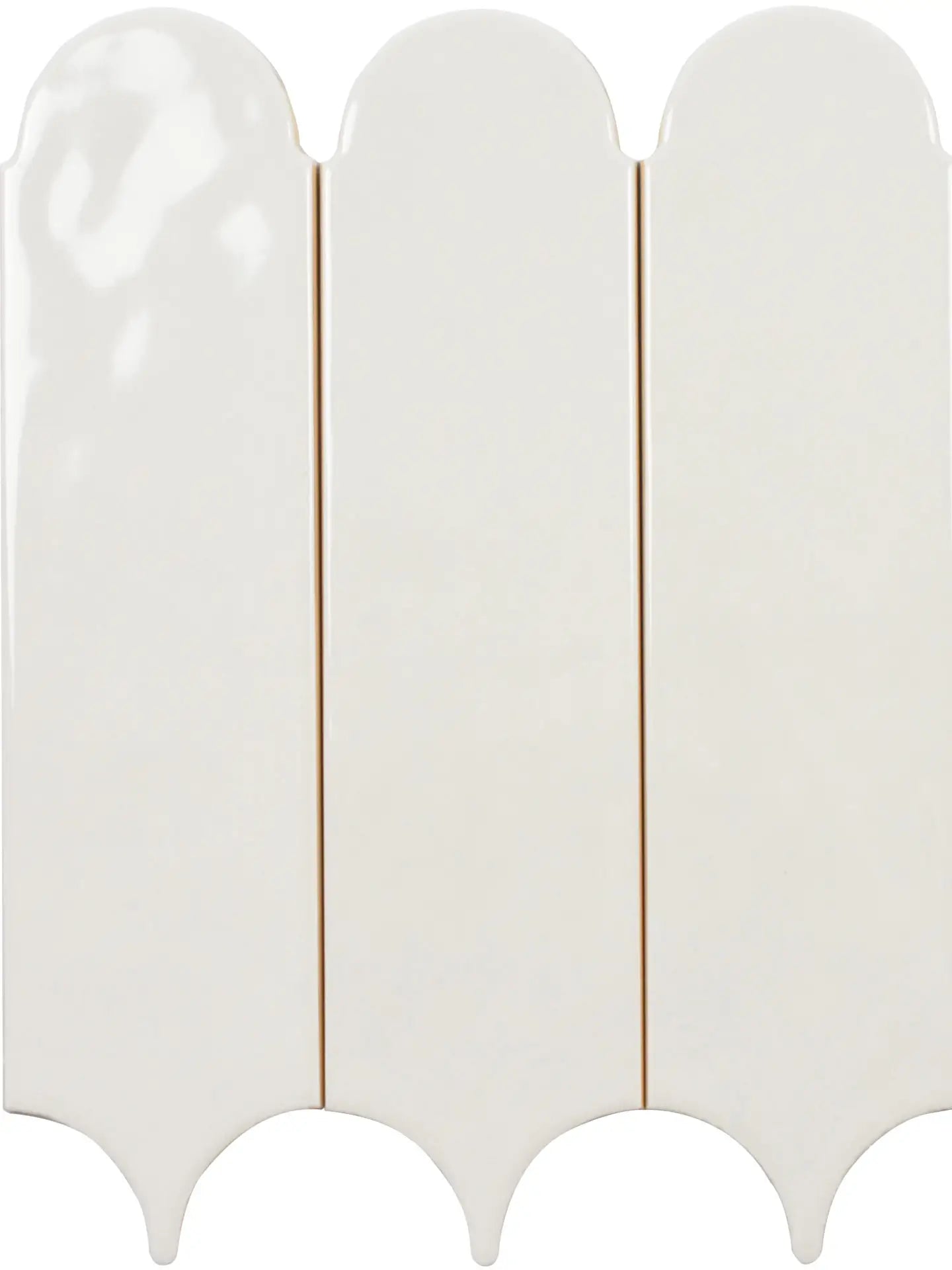 Three glossy white ceramic wall tiles with a scalloped, shield-like shape and a thin gold accent line in the center, shown against a white background.