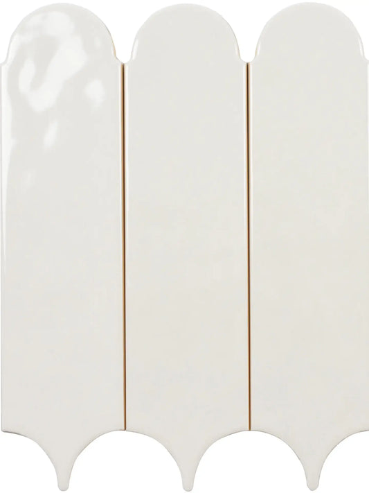 Three glossy white ceramic wall tiles with a scalloped, shield-like shape and a thin gold accent line in the center, shown against a white background.