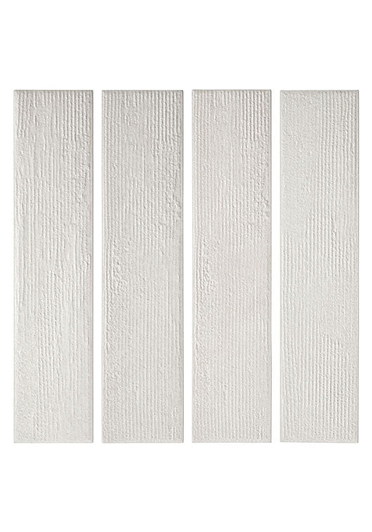 Four rectangular white textured tiles arranged vertically on a white background.