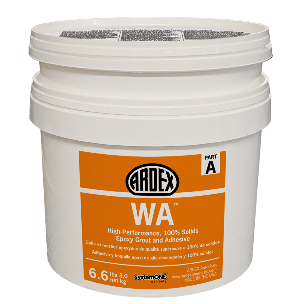 A white bucket labeled ARDEX WA High-Performance, 100% Solids Epoxy Grout and Adhesive, with part A marked on the lid.