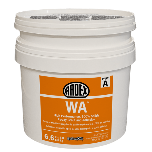 A white bucket labeled ARDEX WA High-Performance, 100% Solids Epoxy Grout and Adhesive, with part A marked on the lid.