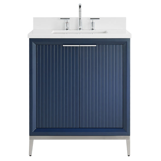 Bungalow Navy and Silver 30" Single Vanity with Pure White Quartz Top (discontinued)