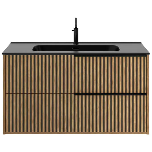 Kora Art Faux Fluted 40" Single Vanity with Integrated Black Ceramic Top & Black Handles