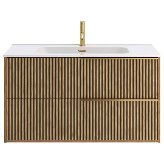 Kora Art Faux Fluted 40" Single Vanity with Integrated White Ceramic Top & Gold Handles