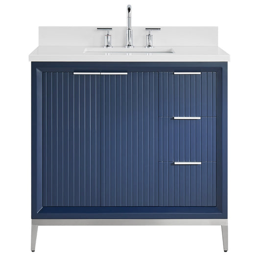 Bungalow Navy and Silver 36" Single Vanity with Pure White Quartz Top (discontinued)