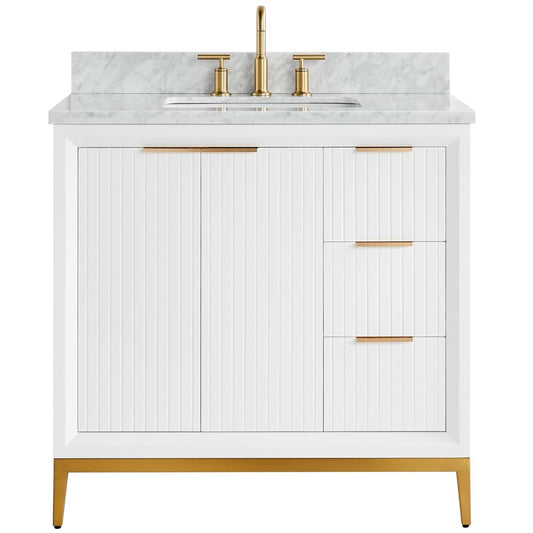 Bungalow White and Gold 36" Single Vanity with Carrara Marble Top (discontinued)