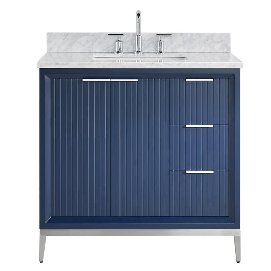 Bungalow Navy and Silver 36" Single Vanity with Carrara Marble Top (discontinued)