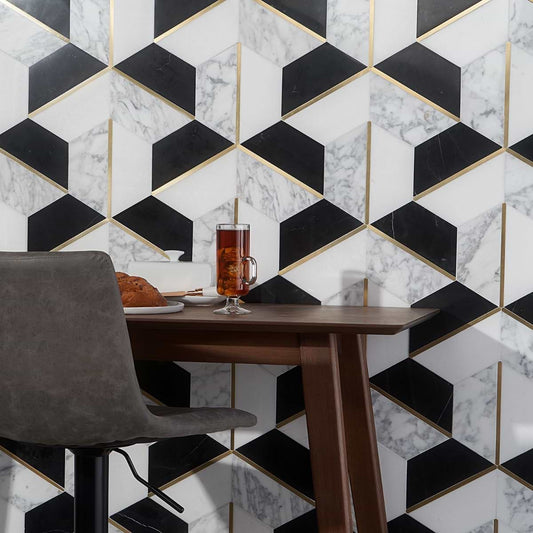 Nero Blanco- Nero Marquina, Arabescato, Thassos w/ brass line Polished