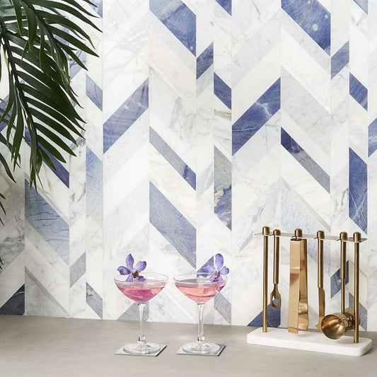 Azur- White Carrara, Calacatta, Blue Macauba, Aluminum Polished