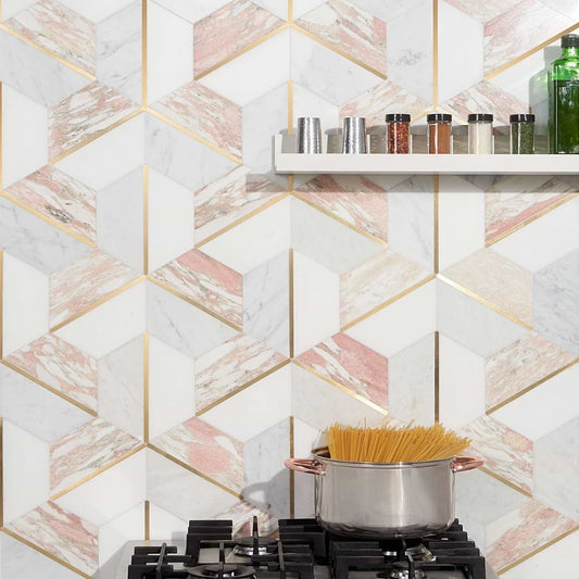 Rosa- Rosa Norvegia, Thassos, Carrara w/ brass line Polished