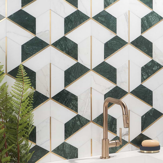 Verde- Verde, Calacatta Gold, Thassos w/ Brass Line Polished