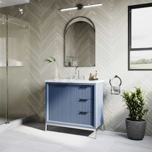Bungalow Navy and Silver 36" Single Vanity with Pure White Quartz Top (discontinued)