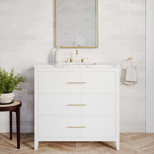 Iconic White and Silver 36" Single Vanity with Carrara Marble Top (discontinued)