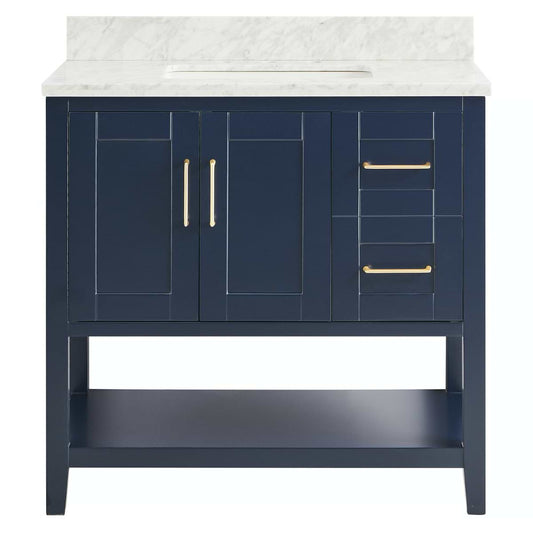Sheraton 36" Navy Vanity with Carrara Marble Top and Ceramic Basin (discontinued)