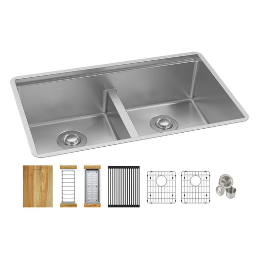 Workstation Sink with Basin Rack, Basket Strainer, Colander, and Cutting Board.