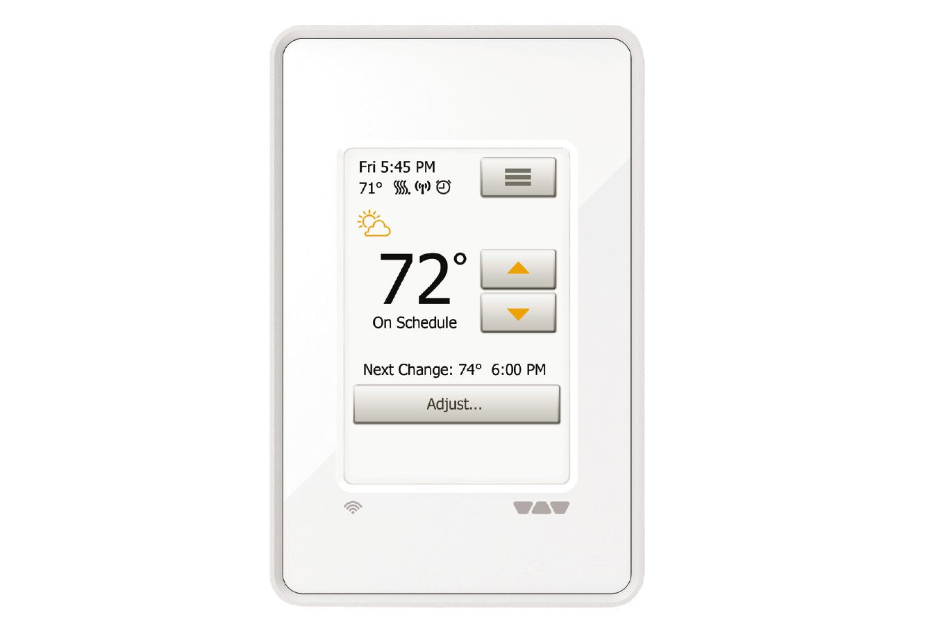 A white programmable Wi-Fi thermostat with a digital screen showing the temperature at 72 degrees, scheduled heating settings, and interactive touch controls.
