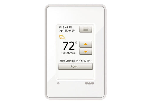 A white programmable Wi-Fi thermostat with a digital screen showing the temperature at 72 degrees, scheduled heating settings, and interactive touch controls.